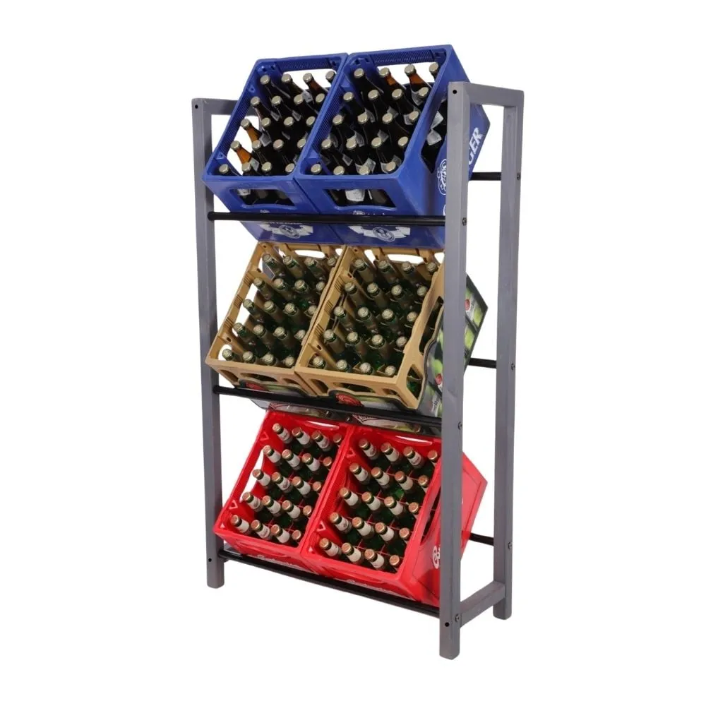 Getränkekistenregal HUNSRÜCK | HxBxT 138x82x32cm | 6 Kisten auf 3 Ebenen | Massives Kiefernholz | Grau geölt