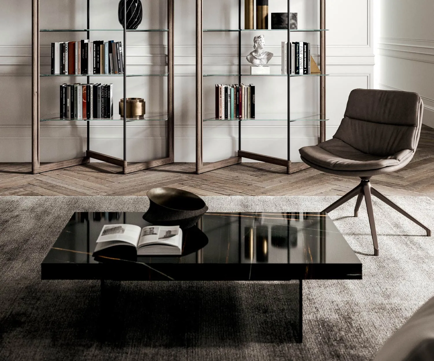 Ozzio Design Couchtisch Bellagio Höhenverstellbar Marmor Glas