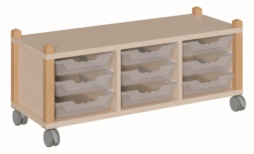 Stollenregal auf Rollen mit ErgoTray-Boxen, Breite 109 cm