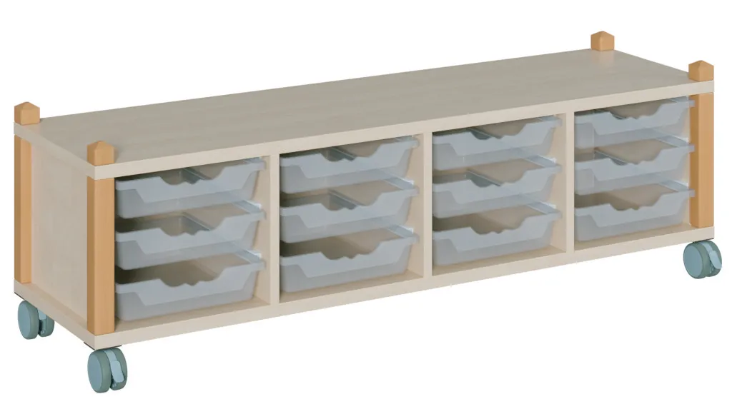 Stollenregal auf Rollen mit ErgoTray-Boxen, Breite 143,3 cm