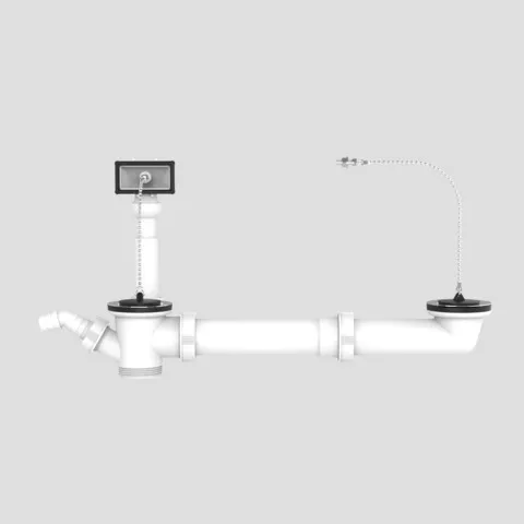 Ab- u. Überlaufgarnitur G1 1/2 × max. 440 mm, exzentrisch, 2 Stopfen mit Kette