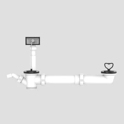 Ab- u. Überlaufgarnitur G1 1/2 × max. 440 mm, exzentrisch, 2 Stopfen mit Kette/Bügel