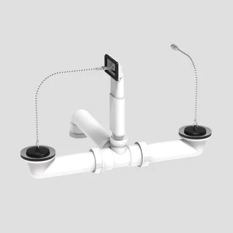 Ab- u. Überlaufgarnitur G1 1/2 × max. 380 mm, zentrisch 2 Stopfen mit Kette