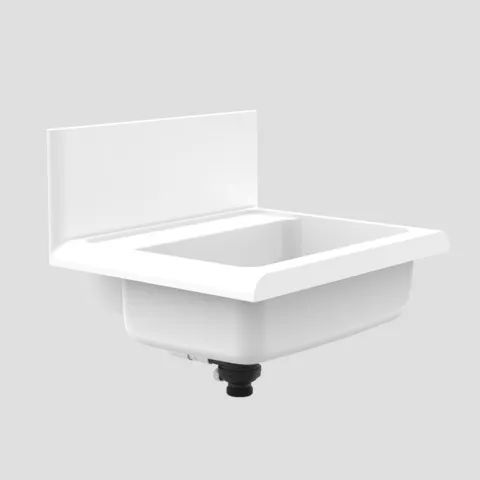 Ausgussbecken mit Spritzschutzrückwand „lineo“ mit verdecktem Überlauf und Push-Open Ventil in Weiß Alpin