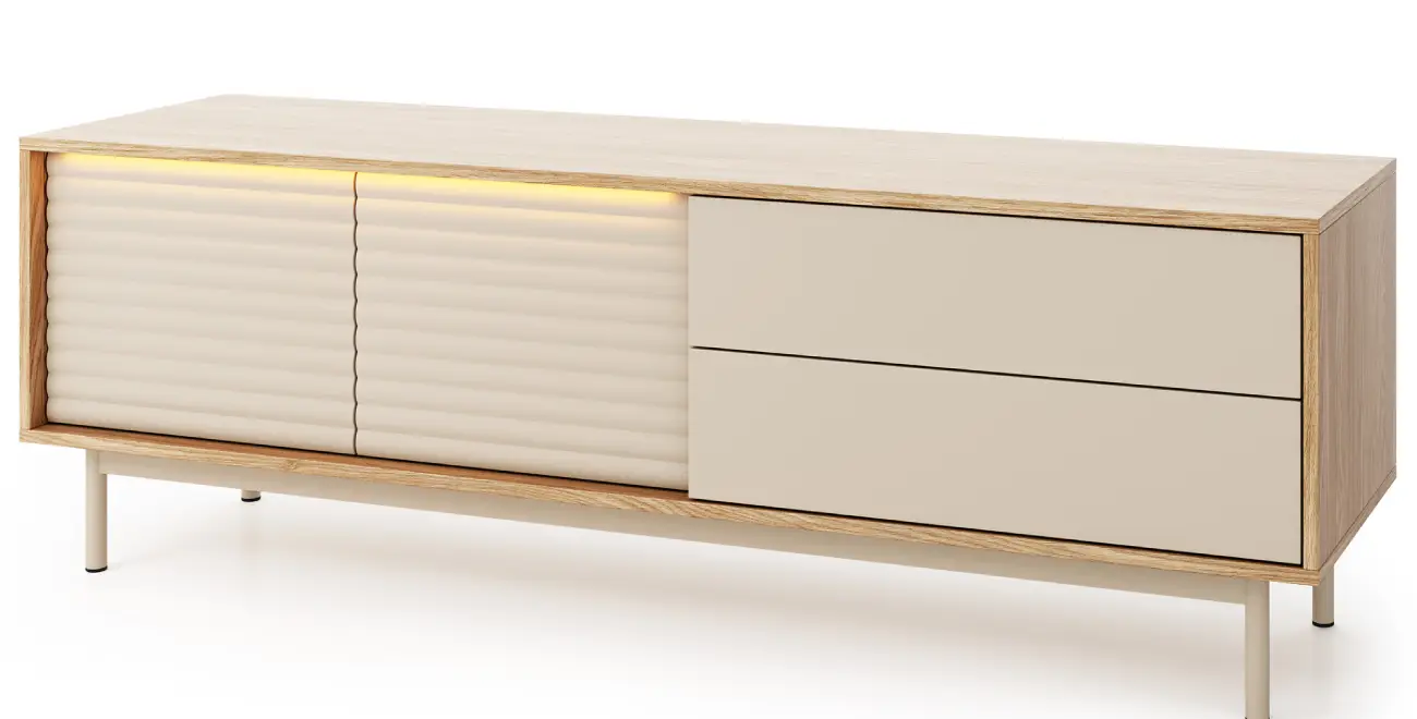 TV-Lowboard, RTV-Schrank mit Schubladen und LED-Beleuchtung geriffelt Tila TI4 Kaschmir