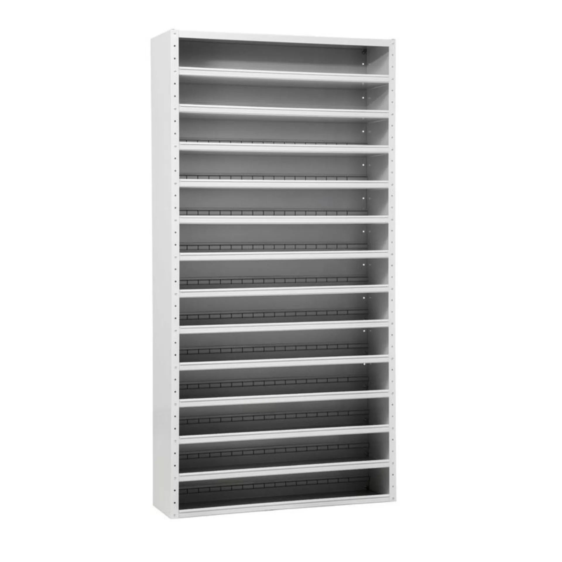 Werkzeugschrank Sortierregal WHALE | 12 Fachböden & 72 Fachteiler | HxBxT 198x100x40cm | Lichtgrau