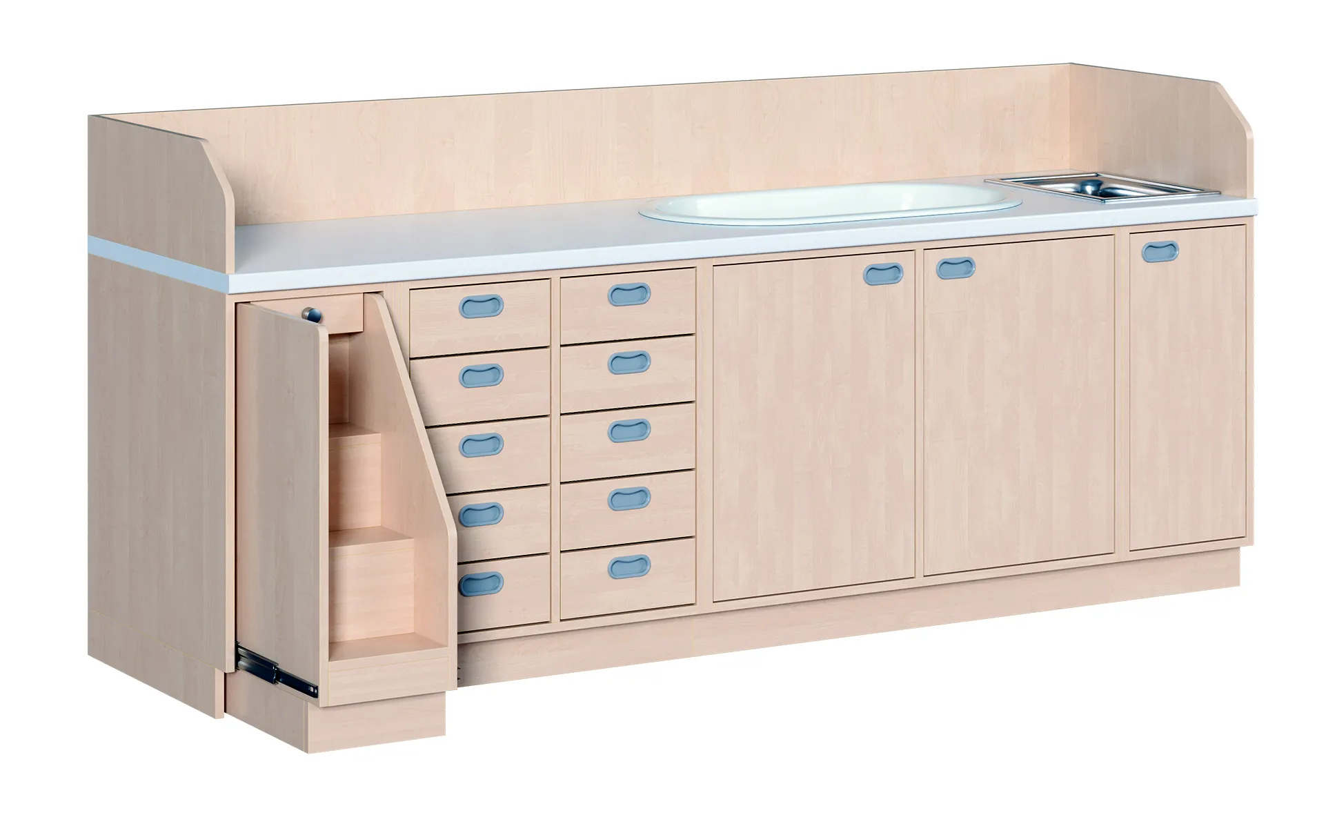 Wickelkommode mit 10 Schüben, Waschbecken, Badewanne und Treppe