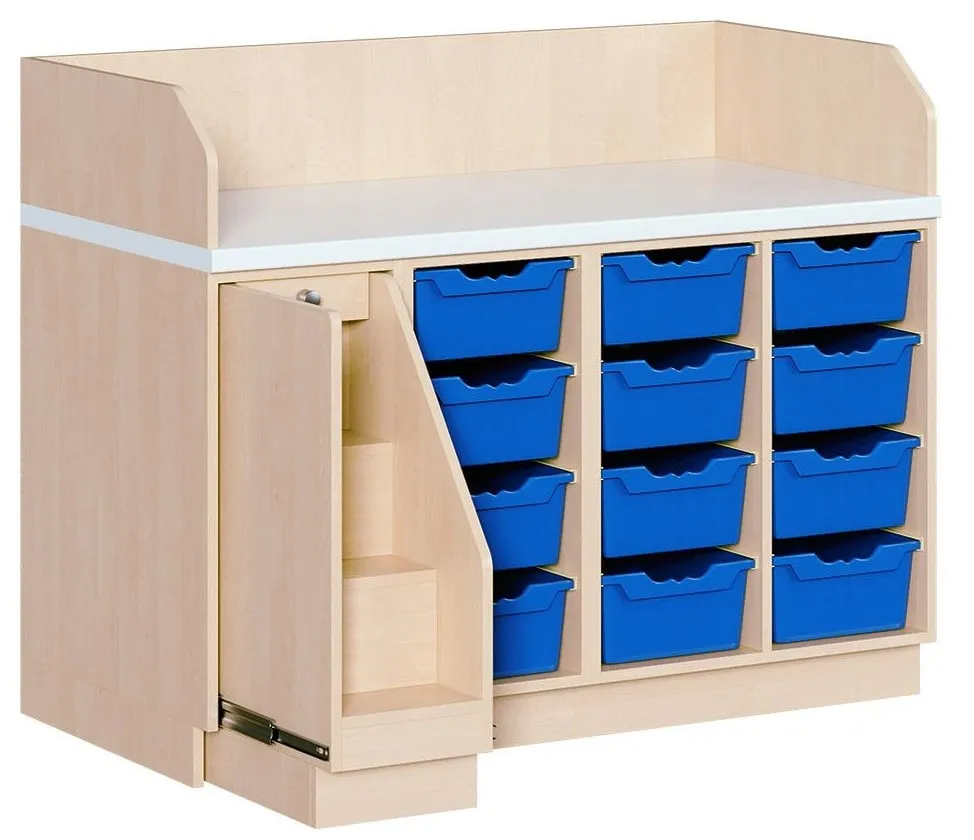 Wickelkommode mit 12 ErgoTray Boxen und ausziehbarer Treppe