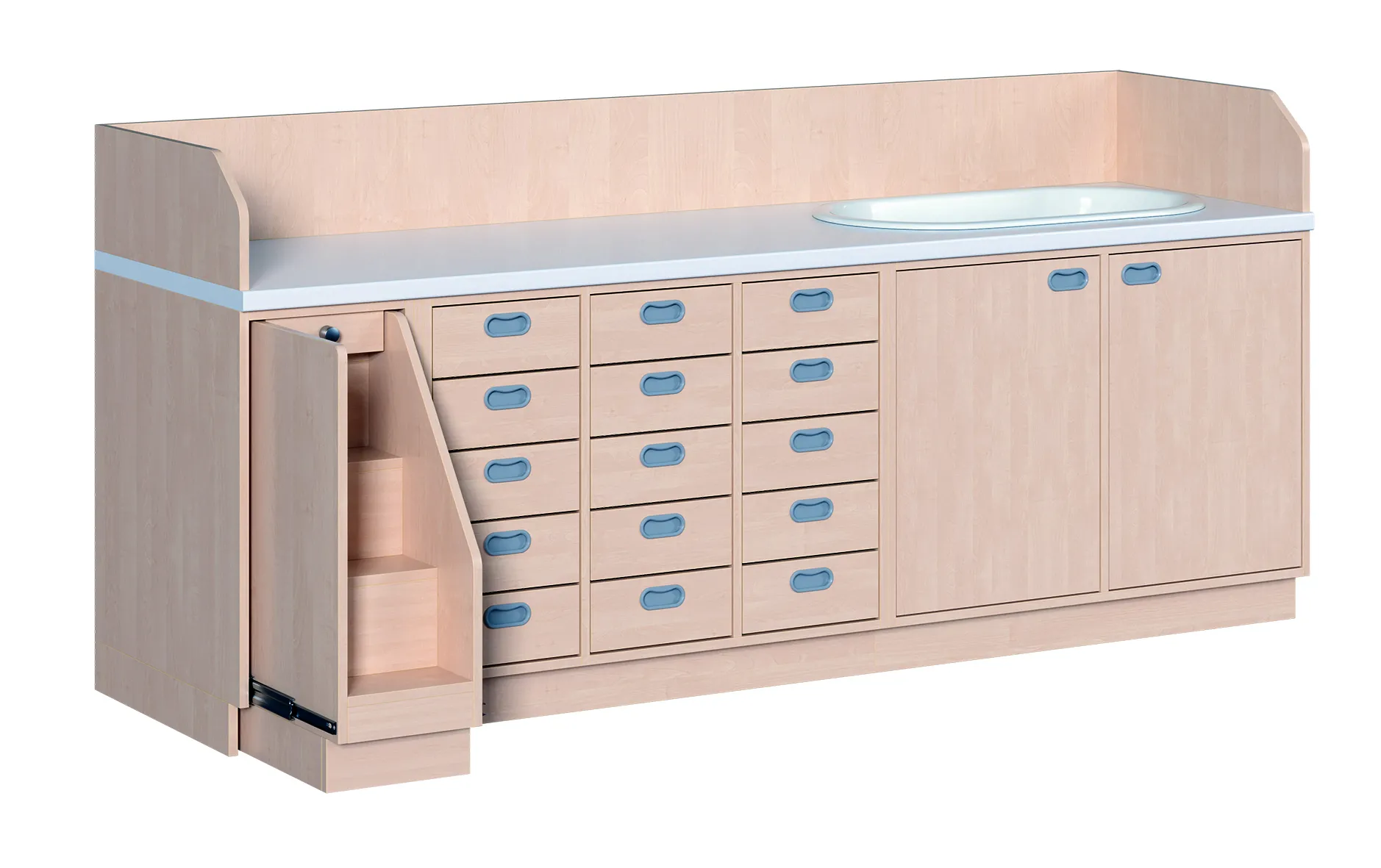Wickelkommode mit 15 Schüben inkl. Badewanne und Treppe