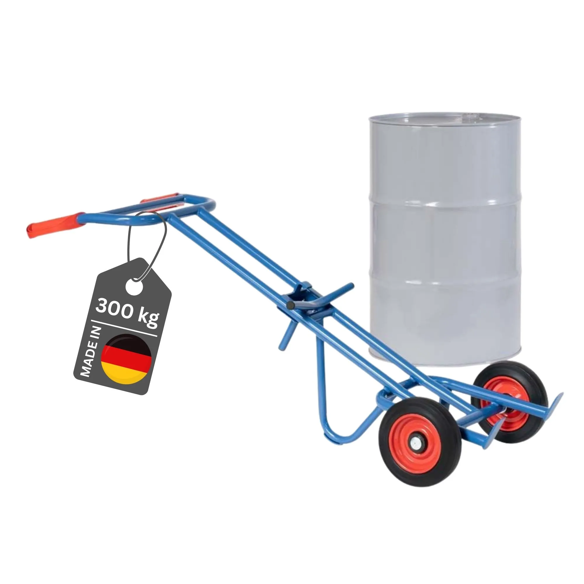 Fetra Fasskarre mit Stützbügel & pannensichere Vollgummibereifung für 200 Liter Fässer | Traglast 300kg | Made in Germany | Blau