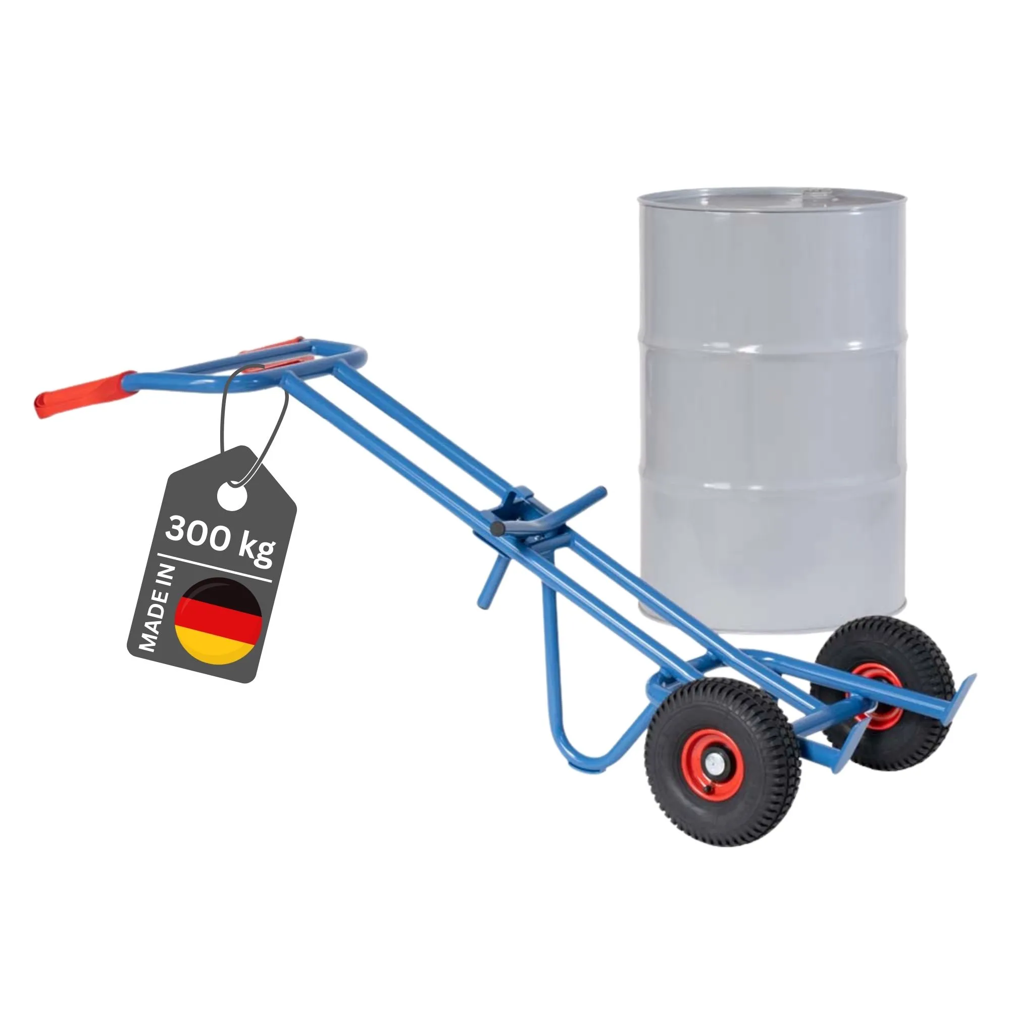 Fetra Fasskarre mit Stützbügel & Luftbereifung für 200 Liter Fässer | Traglast 300kg | Made in Germany | Blau
