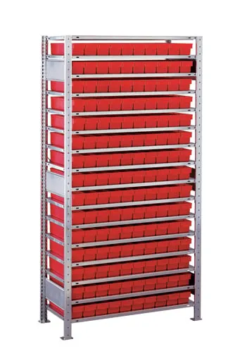 Schulte Kleinteileregal-Set 1 MULTIplus150 | Grundregal | HxBxT 200x100x40cm | 16 Fachböden | Fachlast 150kg | inkl.150 Kästen 8x9x40cm Rot | Verzinkt