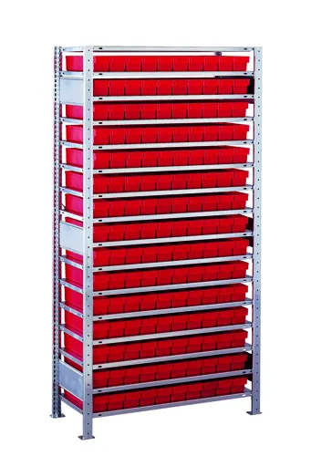 Schulte Kleinteileregal-Set 1 MULTIplus150 | Grundregal | HxBxT 200x100x60cm | 16 Fachböden | Fachlast 150kg | inkl.150 Kästen 8x9x60cm Rot | Verzinkt