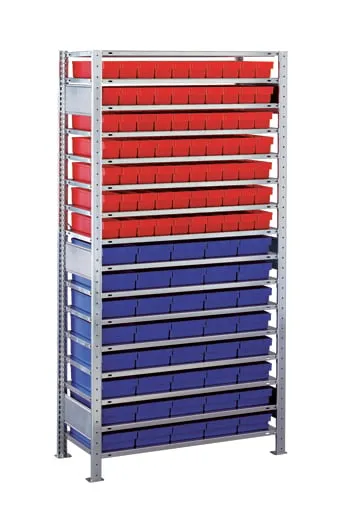 Schulte Kleinteileregal-Set 2 MULTIplus150 | Grundregal | HxBxT 200x100x40cm | 16 Fachböden | Fachlast 150kg | inkl.70 Kästen 8x9x40cm Rot & 40 8x19x40cm Blau | Verzinkt