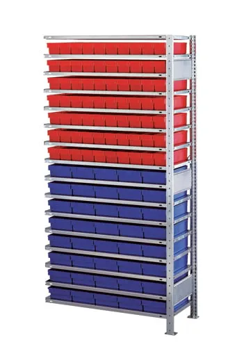 Schulte Kleinteileregal-Set 2 MULTIplus150 | Anbauregal | HxBxT 200x100x50cm | 16 Fachböden | Fachlast 150kg | inkl.70 Kästen 8x9x50cm Rot & 40 8x19x50cm Blau | Verzinkt