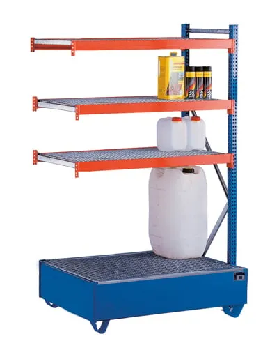 Schulte Umweltregal-Set W 100 | Anbauregal inkl. Auffangwanne | HxBxT 200x125x60cm | Blau/Orange/Verzinkt