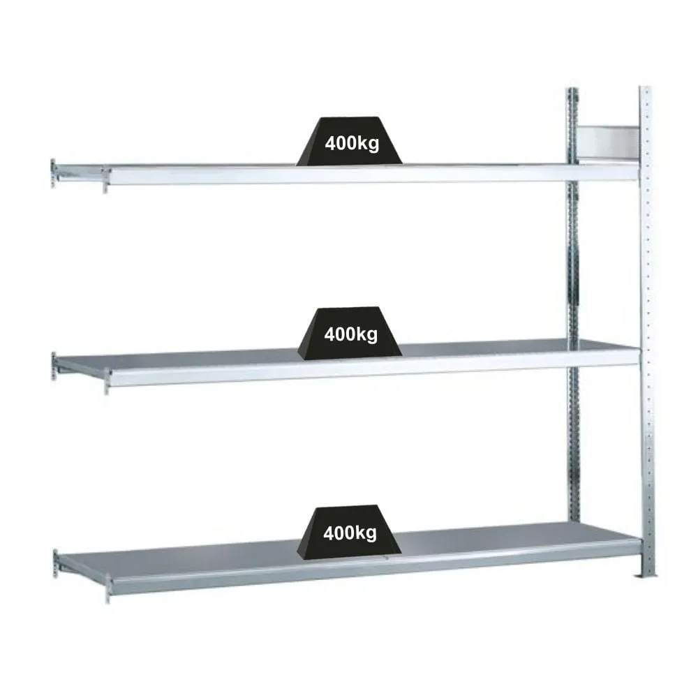 Schulte Weitspannregal mit Stahlböden WS 2000 | Anbauregal | HxBxT 200x150x50cm | 3 Ebenen | Fachlast 400kg | Verzinkt