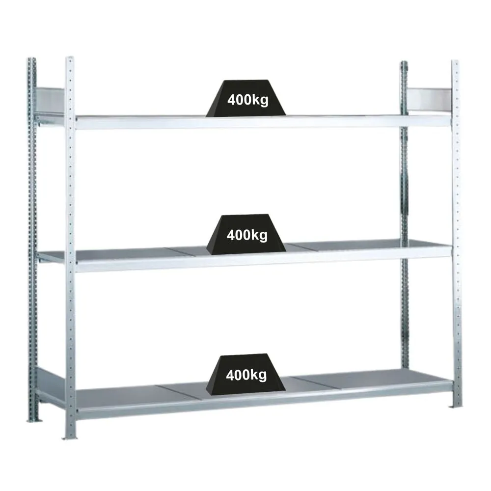 Schulte Weitspannregal mit Stahlböden WS 2000 | Grundregal | HxBxT 200x225x80cm | 3 Ebenen | Fachlast 400kg | Verzinkt