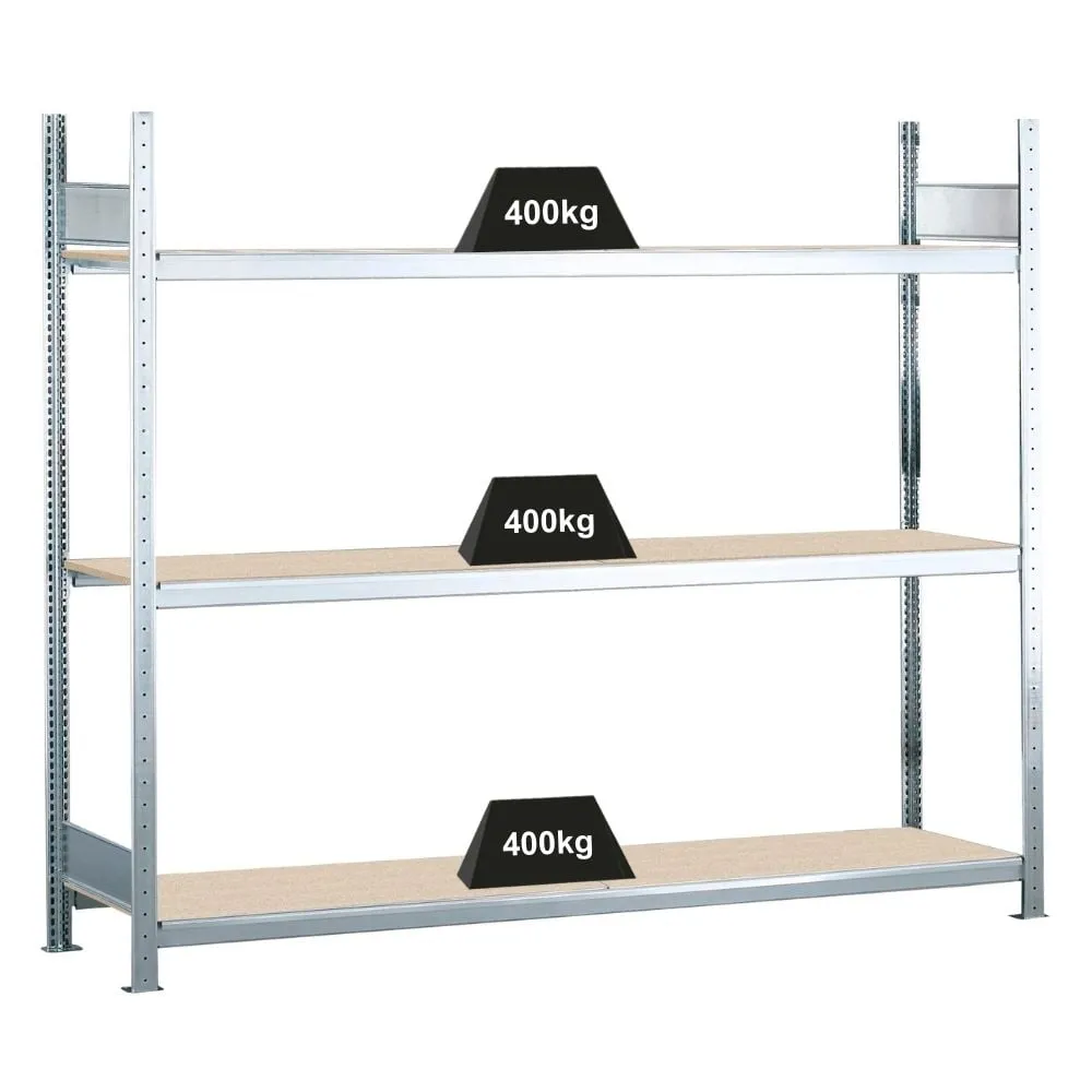 Schulte Weitspannregal mit Spanplatten WS 2000 | Grundregal | HxBxT 200x150x40cm | 3 Ebenen | Fachlast 400kg | Verzinkt