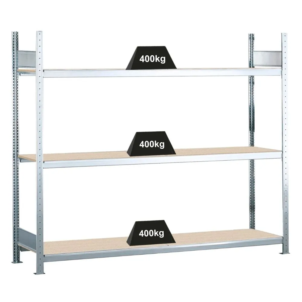 Schulte Weitspannregal mit Spanplatten WS 2000 | Grundregal | HxBxT 200x200x60cm | 3 Ebenen | Fachlast 400kg | Verzinkt