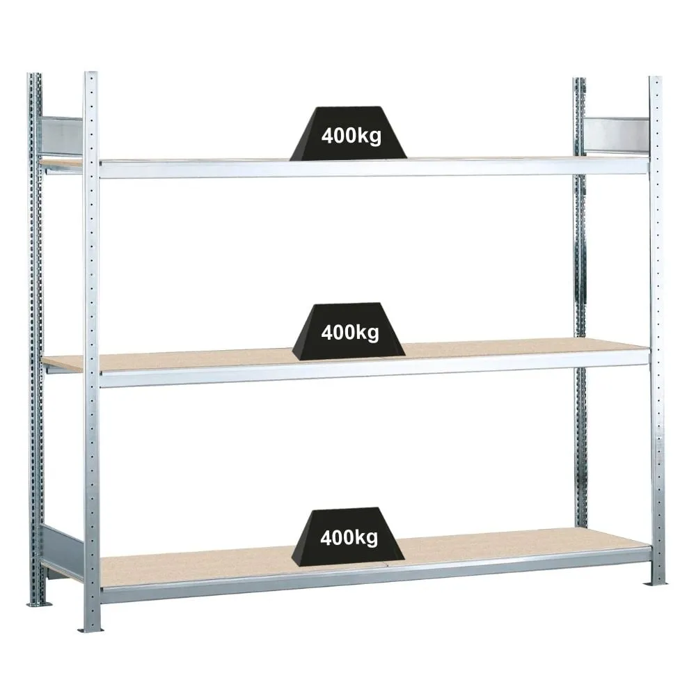 Schulte Weitspannregal mit Spanplatten WS 2000 | Grundregal | HxBxT 200x200x80cm | 3 Ebenen | Fachlast 400kg | Verzinkt