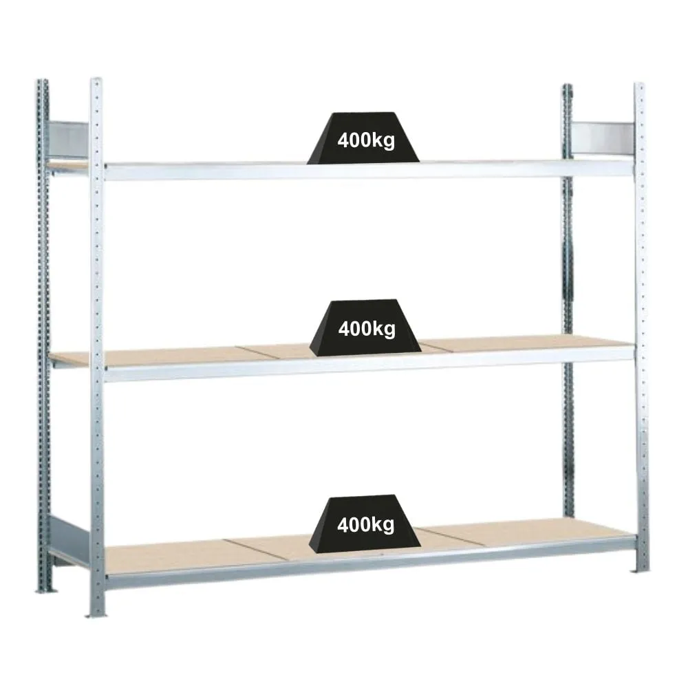 Schulte Weitspannregal mit Spanplatten WS 2000 | Grundregal | HxBxT 200x250x40cm | 3 Ebenen | Fachlast 400kg | Verzinkt