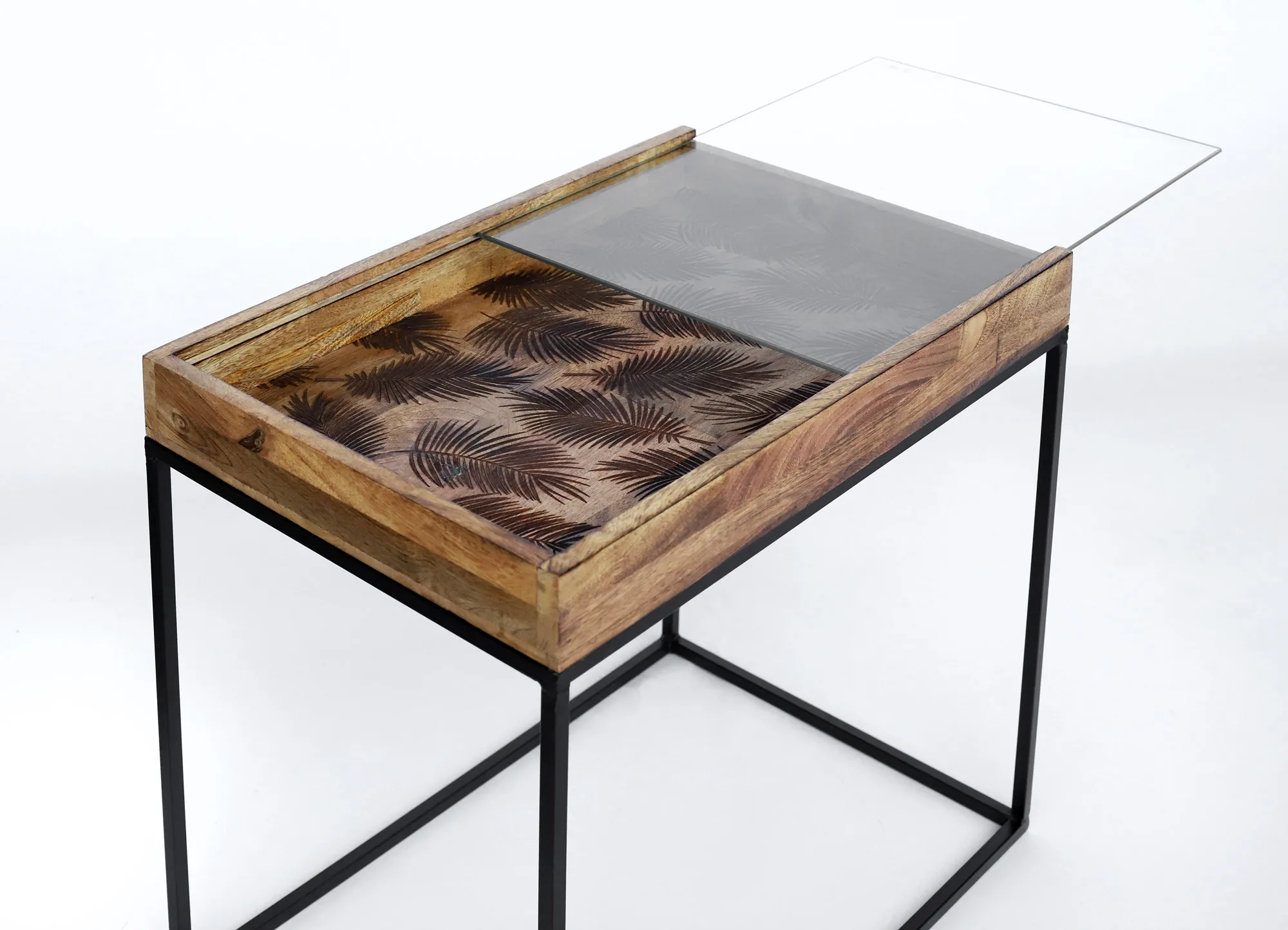 Glastisch 'Feather', Mangoholz, B 60 cm, L 40 cm, H 54 cm