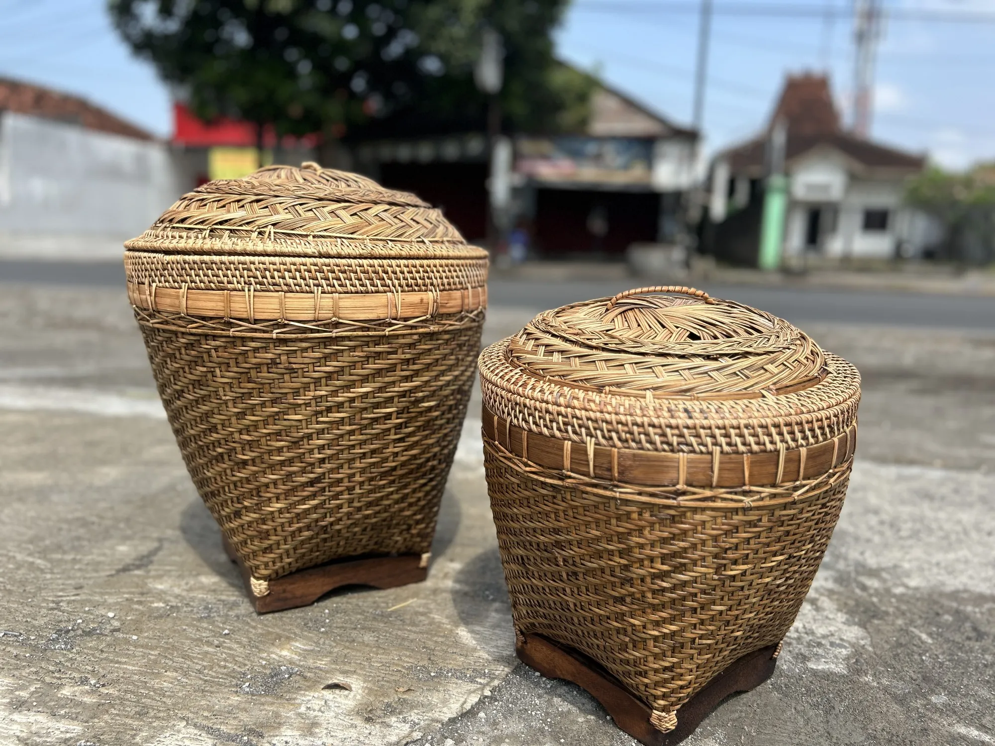 2er-Set Korb mit Deckel, geflochten, braun