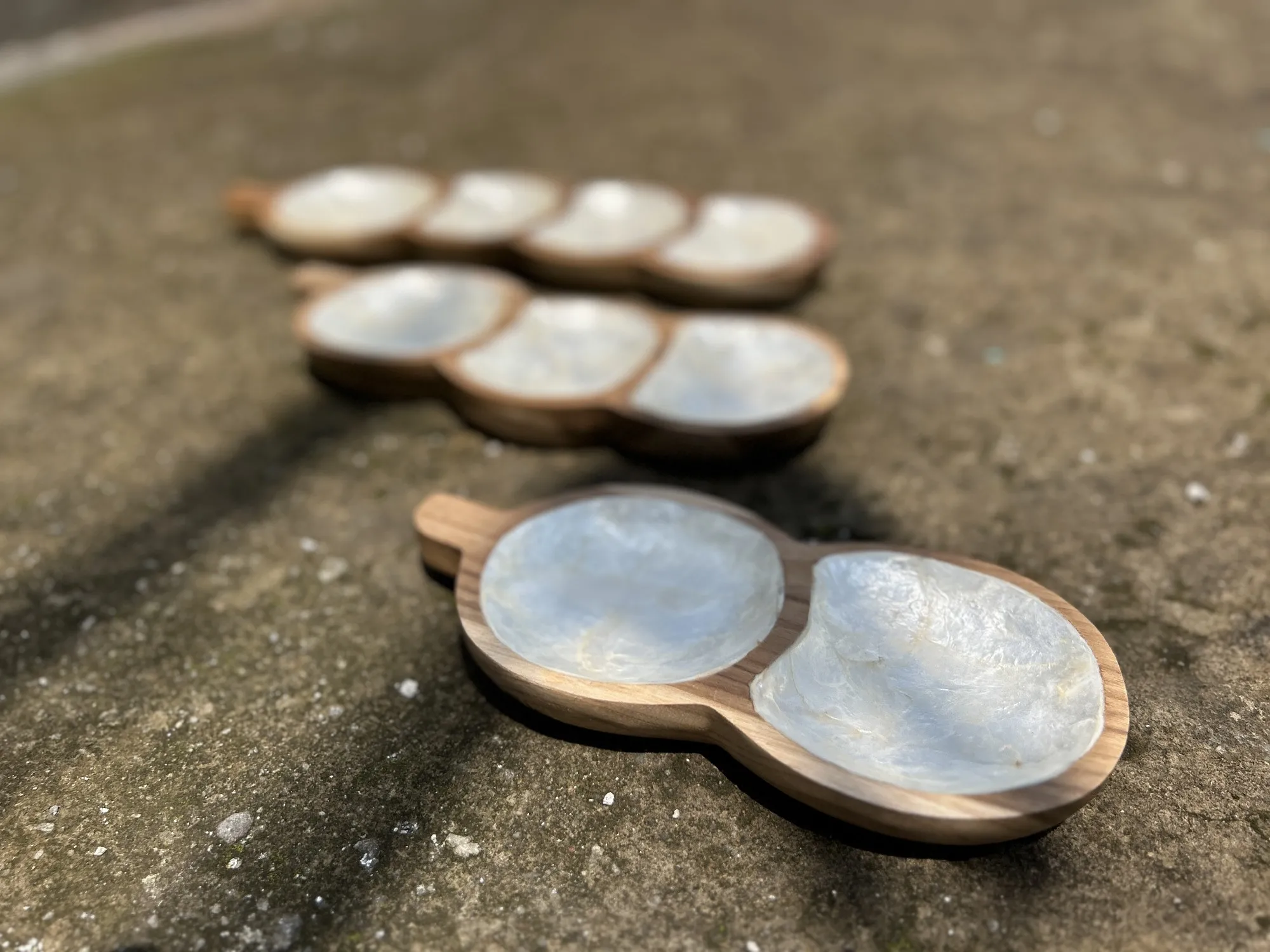 Set Teak-Schalen,mit Muscheleinlage