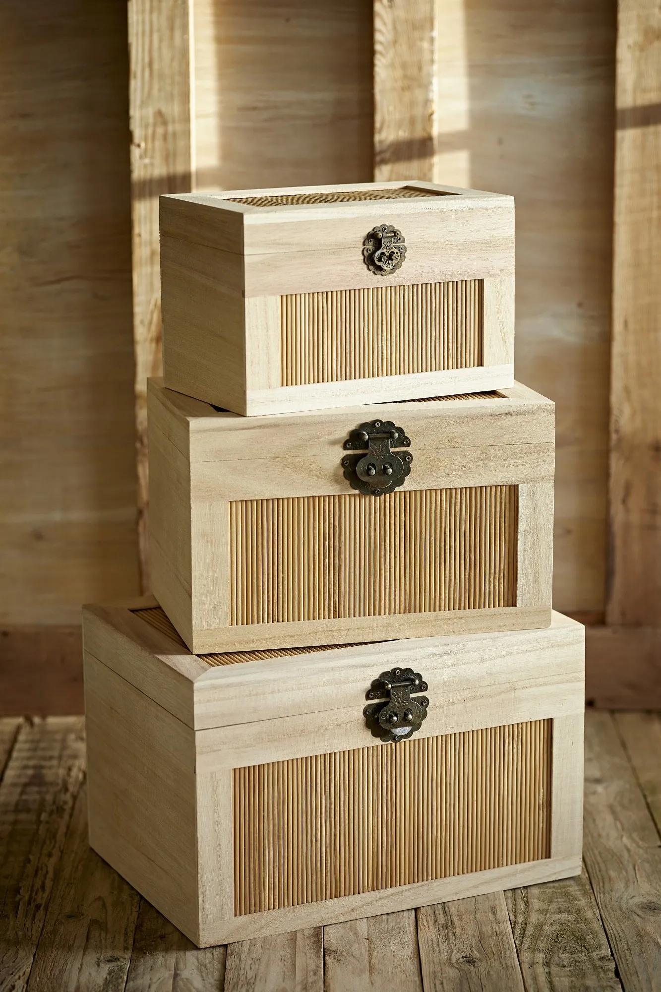 3er-Set Holztruhen, weiß, natur