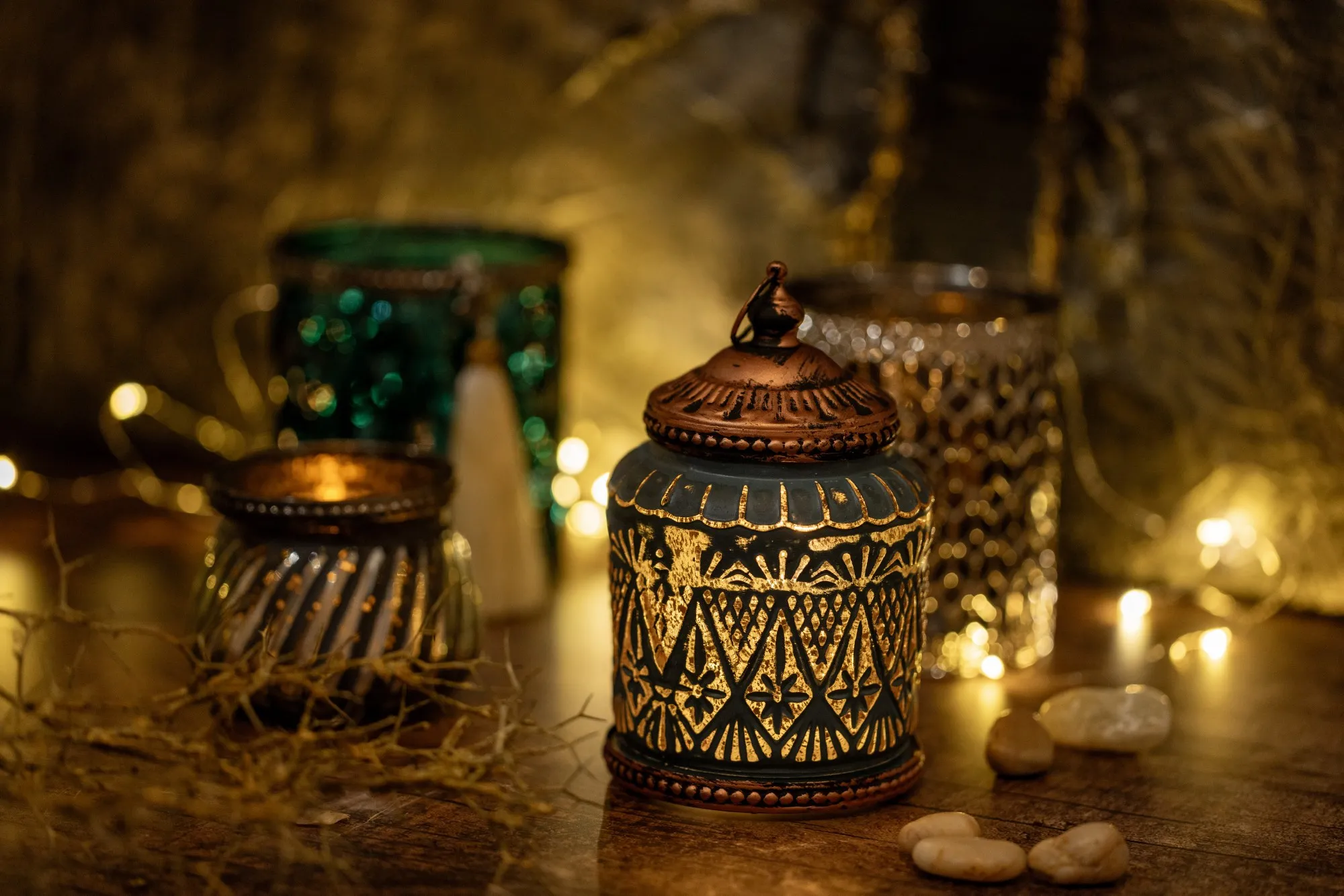 Glas-Laterne dunkelblau mit LED, H 13,5 cm, Ø 8,5 cm