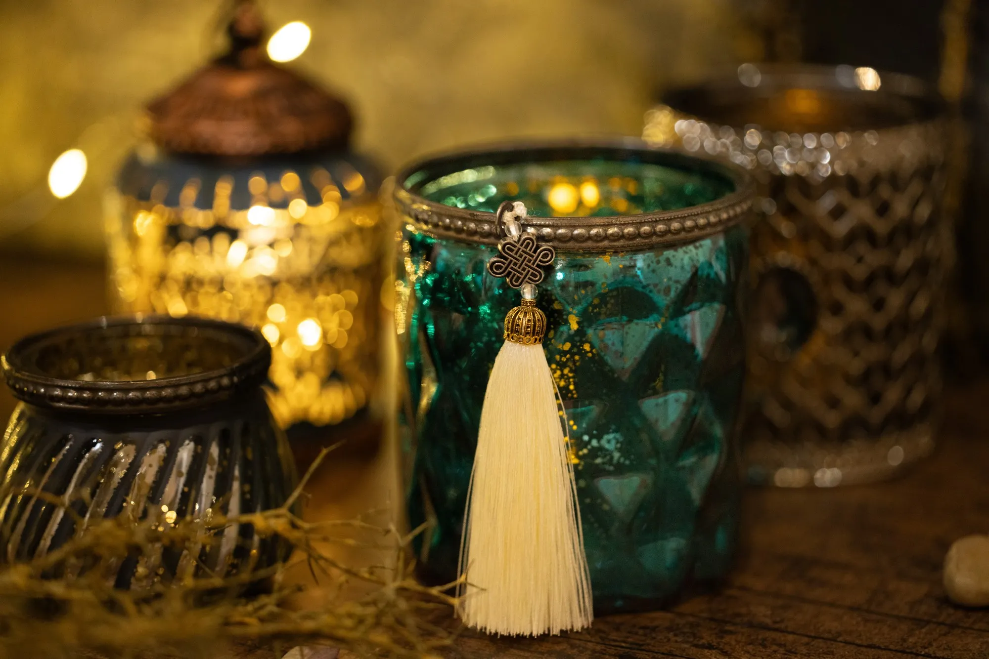 Glas-Windlicht blau mit Troddel, H 10,5 cm, Ø 9,5 cm