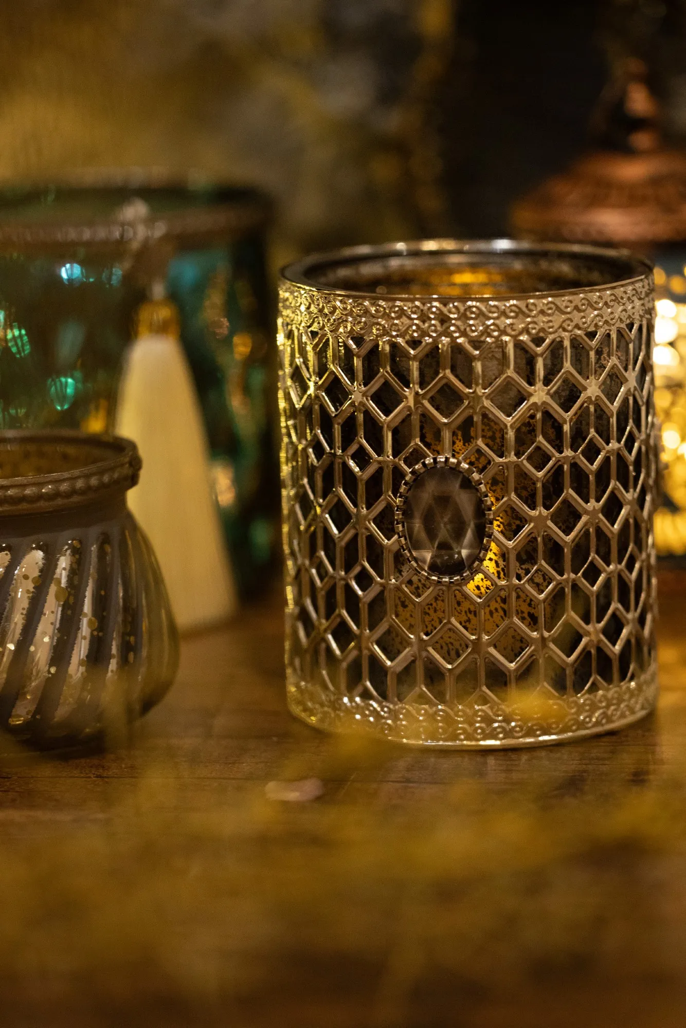 Glas-Windlicht grau-silber, H 10,5 cm, Ø 9,5 cm