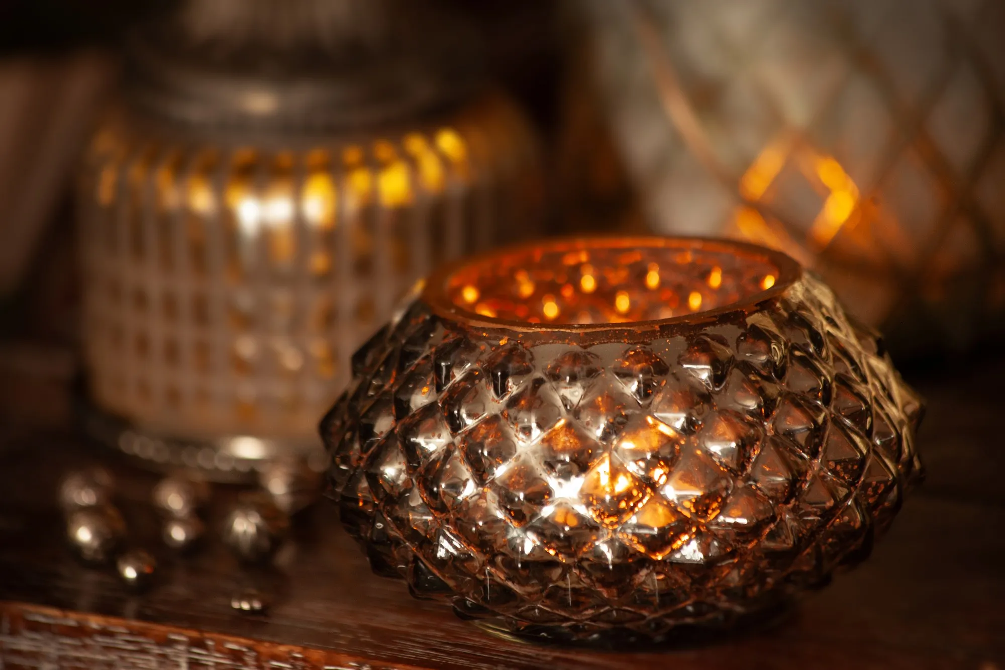 Glas-Windlicht grau, H 7 cm, Ø 11,5 cm