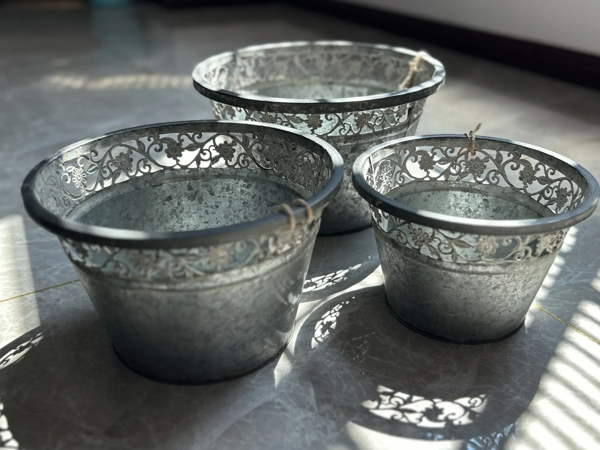 3er-Set Zinkeimer 'Blumen'