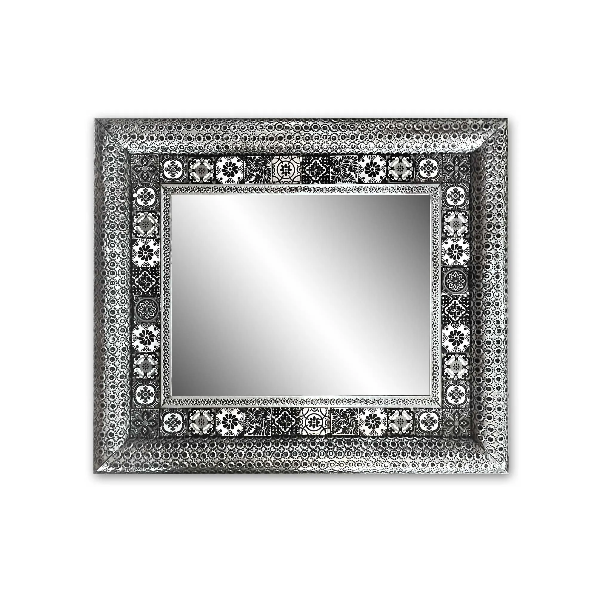 Wandspiegel 'Gael' mit Keramikfliesen, silber, schwarz-weiß, H 65 cm, B 75 cm, L 4 cm