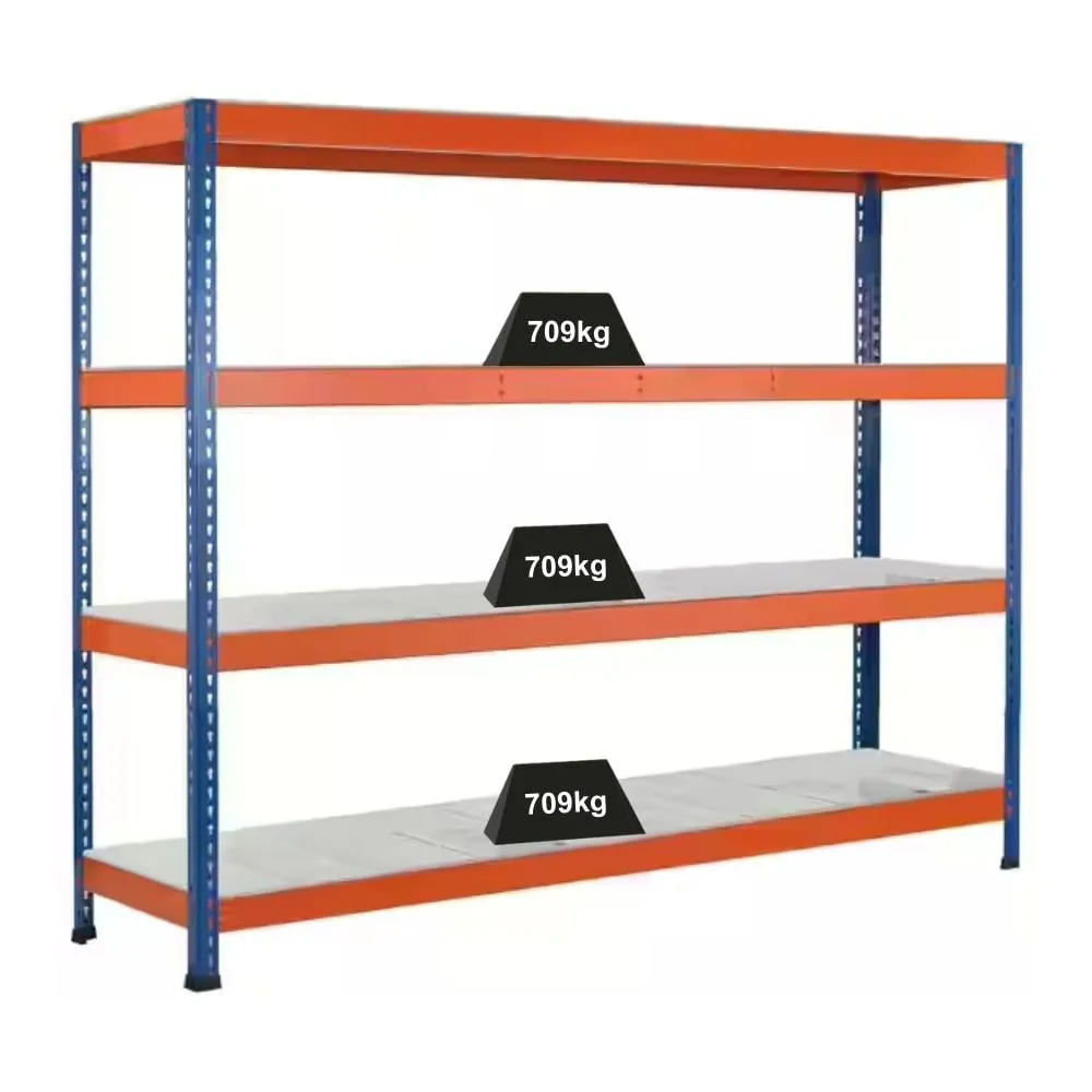 Schulte Weitspannregal mit Stahlpaneelen Z1 | HxBxT 198,1x153,6x77,3cm | 4 Ebenen | Fachlast 709kg | Blau/Orange/Verzinkt