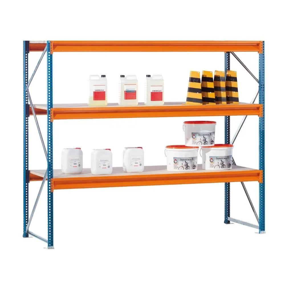 Schulte Weitspannregal mit Spanplatten W 100 | Anbauregal | HxBxT 200x214x60cm | 3 Ebenen | Fachlast 950 kg | Blau/Orange/Verzinkt