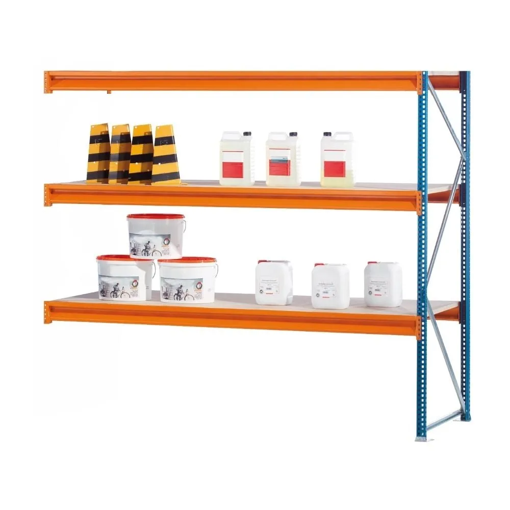 Schulte Weitspannregal mit Spanplatten W 100 | Anbauregal | HxBxT 200x250x100cm | 3 Ebenen | Fachlast 1015 kg | Blau/Orange/Verzinkt