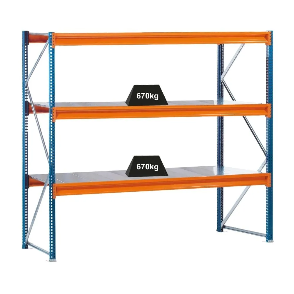 Schulte Weitspannregal mit Stahlpaneelen W 100 | Grundregal | HxBxT 200x178,5x80cm | 3 Ebenen | Fachlast 670 kg | Blau/Orange/Verzinkt