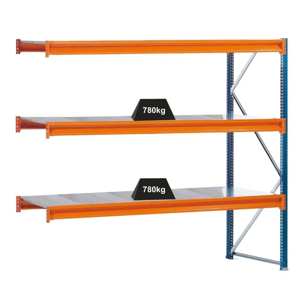Schulte Weitspannregal mit Stahlpaneelen W 100 | Anbauregal | HxBxT 200x250x120cm | 3 Ebenen | Fachlast 780 kg | Blau/Orange/Verzinkt