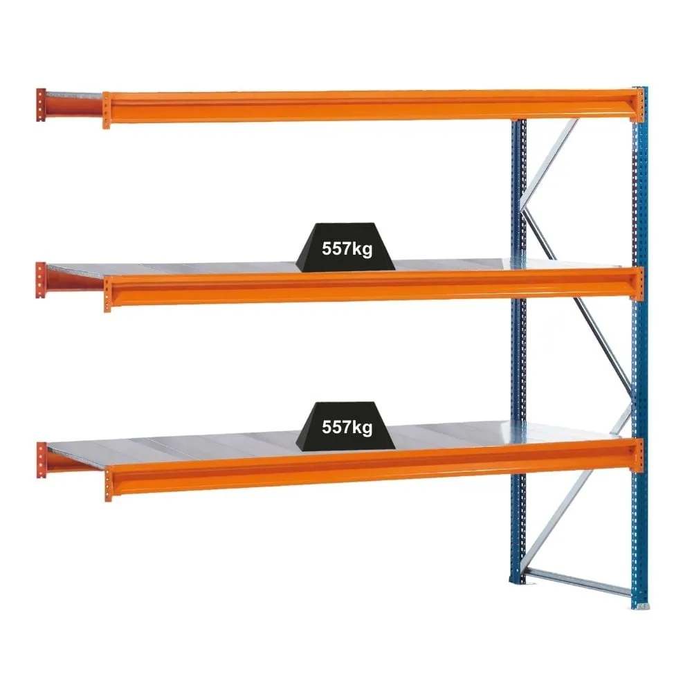 Schulte Weitspannregal mit Stahlpaneelen W 100 | Anbauregal | HxBxT 200x178,5x120cm | 3 Ebenen | Fachlast 557 kg | Blau/Orange/Verzinkt