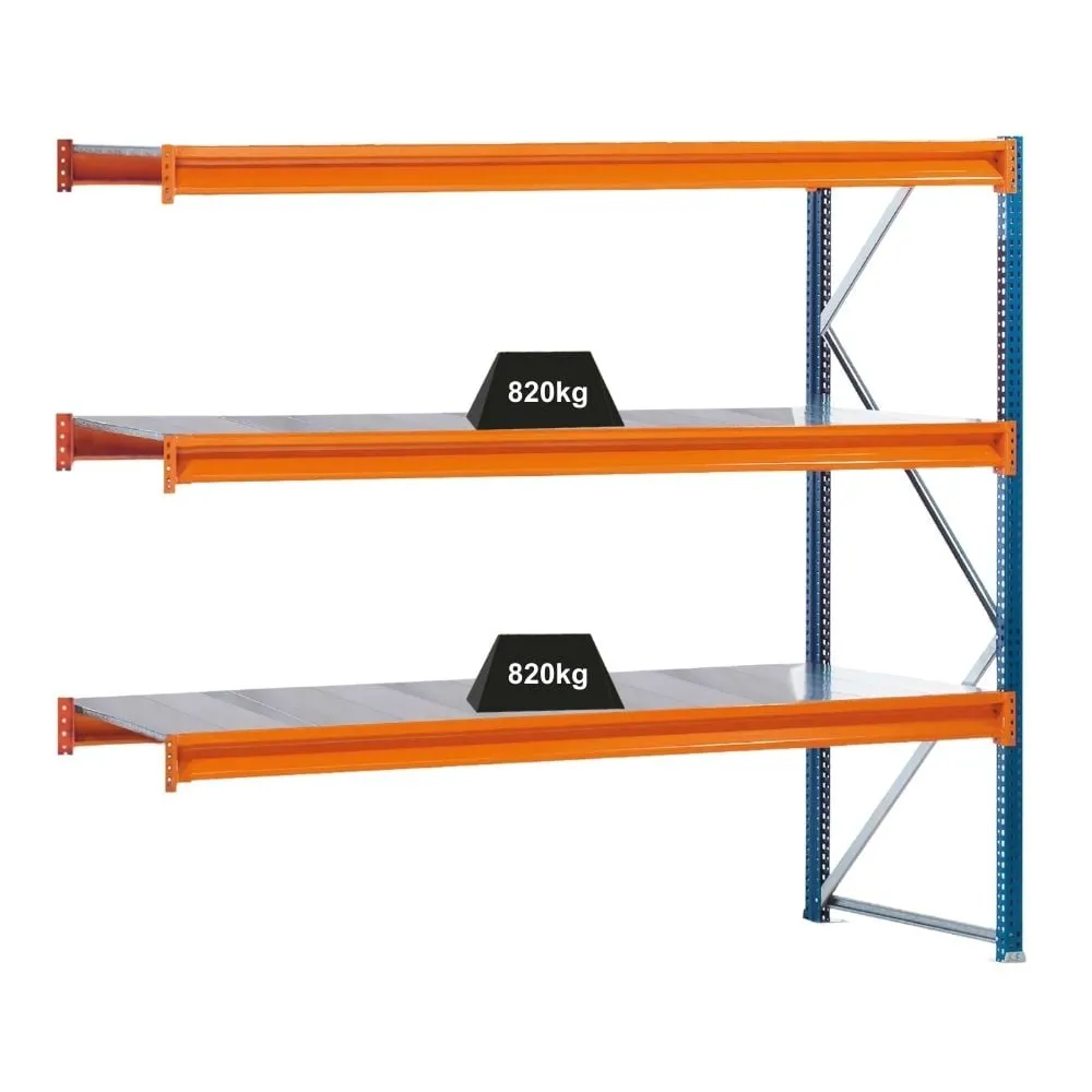 Schulte Weitspannregal mit Stahlpaneelen W 100 | Anbauregal | HxBxT 200x250x80cm | 3 Ebenen | Fachlast 820 kg | Blau/Orange/Verzinkt