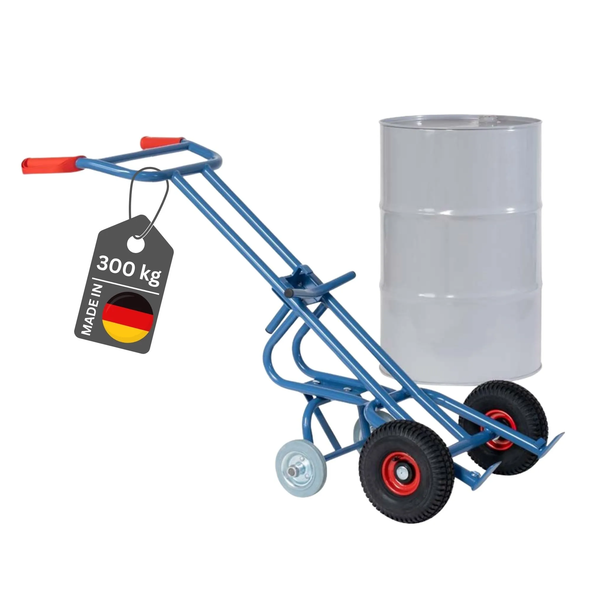 Fetra Fasskarre mit 2 Stützrädern & Luftbereifung für 200 Liter Fässer | Traglast 300kg | Made in Germany | Blau
