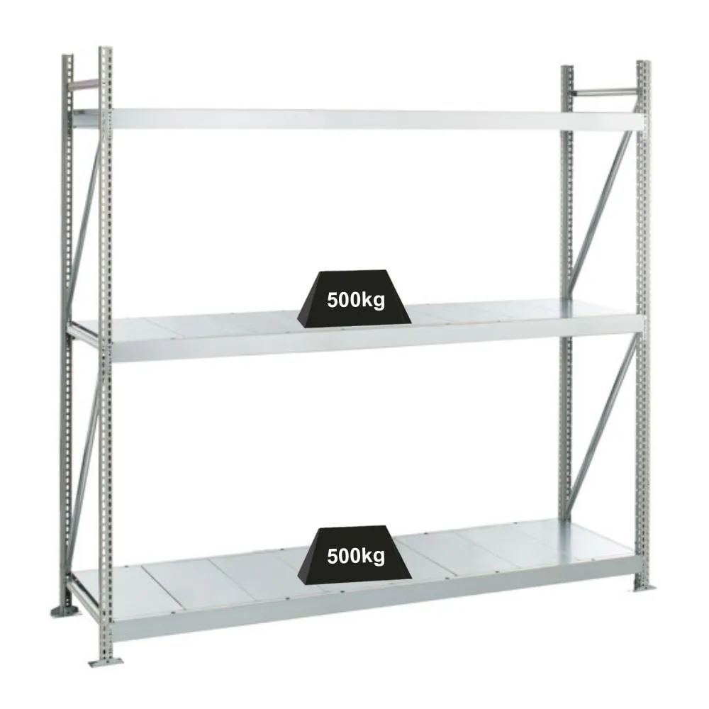 Schulte Weitspannregal mit Stahlpaneelen WS 3000 | Grundregal | HxBxT 200x250x100cm | 3 Ebenen | Fachlast 500kg | Verzinkt