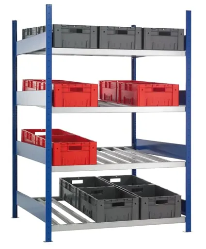 Schulte Bereitstellregal | Grundregal ohne Behälter | HxBxT 200x130x130cm | 4 Ebenen mit Röllchenleisten für Behälter | Traglast 150kg | Enzianblau/Verzinkt
