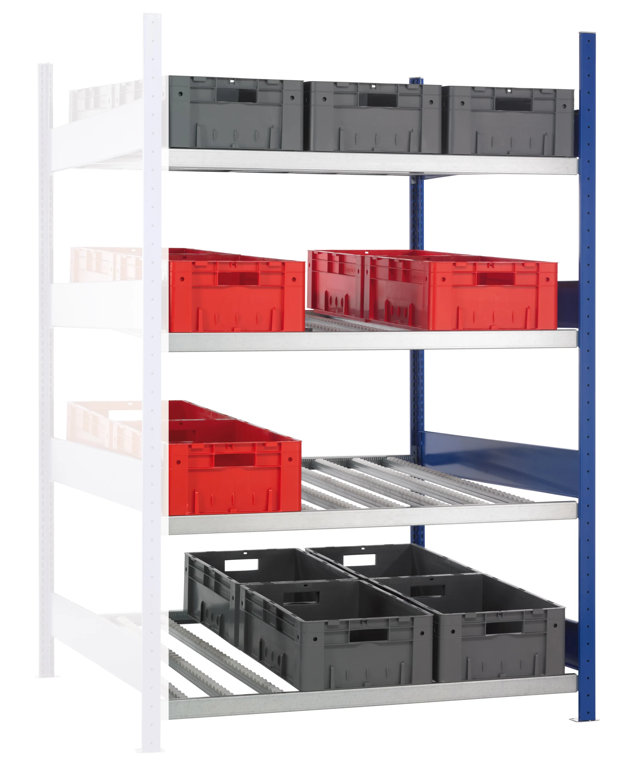Schulte Bereitstellregal | Anbauregal ohne Behälter | HxBxT 200x130x130cm | 4 Ebenen mit Röllchenleisten für Behälter | Traglast 150kg | Enzianblau/Verzinkt