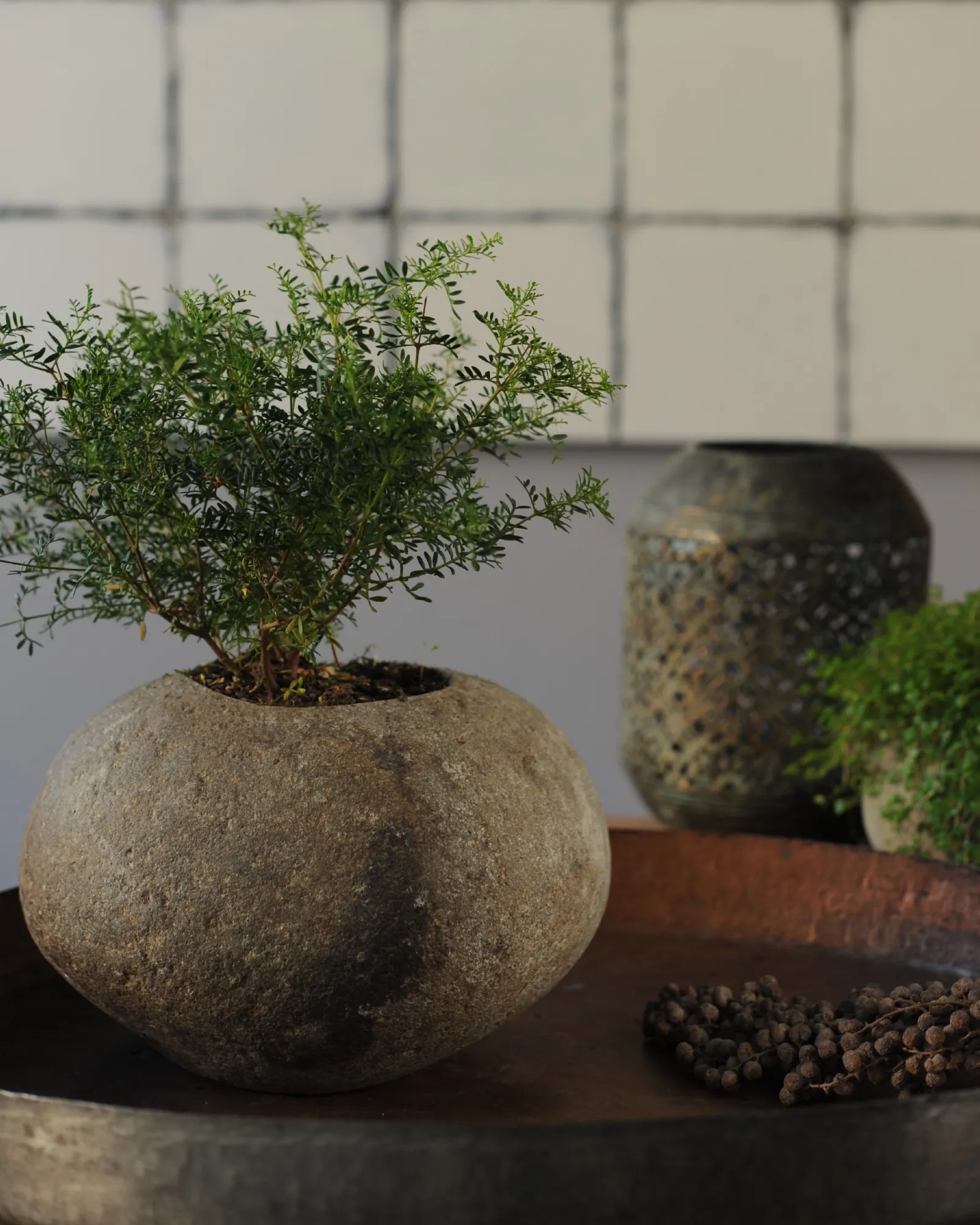 Blumenkübel aus Naturstein, natur, Ø 15 cm, H 10 cm