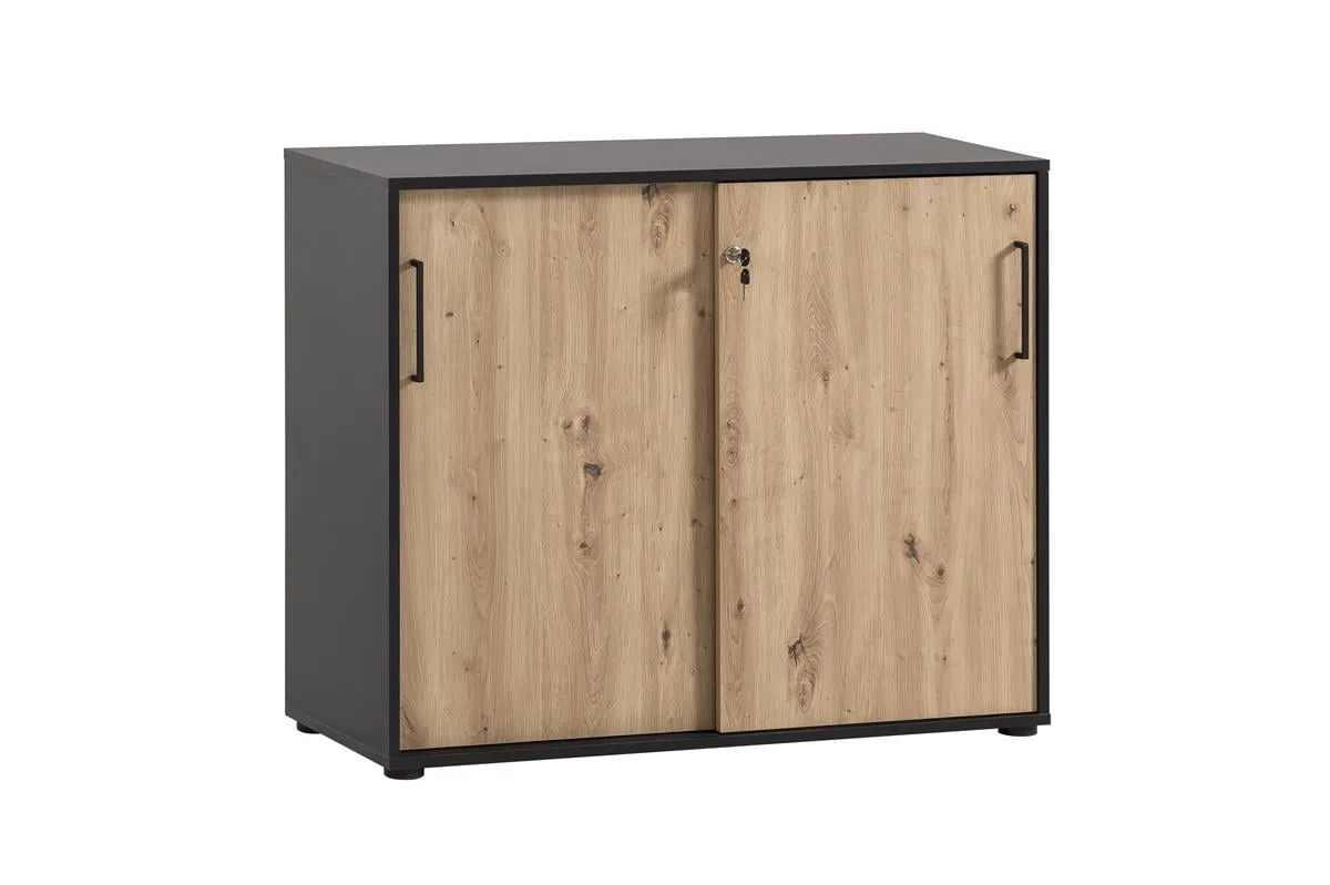 Möbelpartner Aktenschrank Raven | Large | HxBxT 84x100x41cm | 2 Fächern & 2 abschließbare Schiebetüren | Eiche/Schwarz