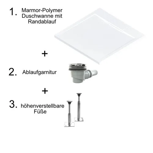 HSK rechteck Marmor-Polymer-Duschwanne mit Randablauf „superflach“ 80 × 100 cm in Weiß